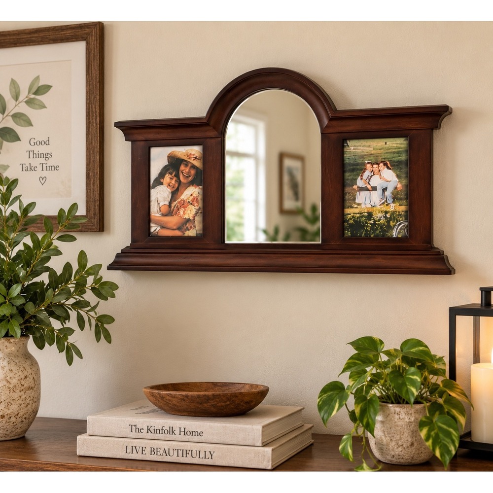 FETCO Dark Walnut Arched Wall Mirror Photo Frame 2 4x6 Pictures 20.5" Orig Box